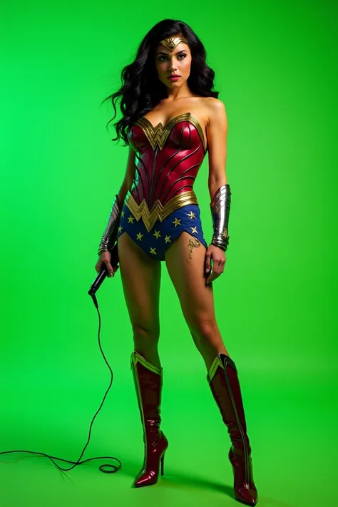 Model in sexy clothing , Wonder Woman style,  but with a wireless microphone on a green background