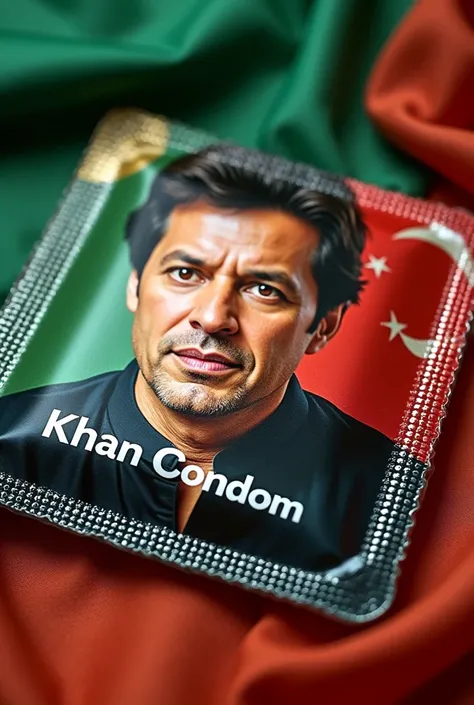 Write on a condom with photo of imran khan "khan condom with extra flavours (dharna special condom" background thareek e insaaf flag