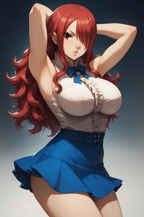 (masterpiece:1.2), (best quality:1.2), 1girl, 
fairy tail, 1girl, long hair, red hair, brown eyes, large breast, neck ribbon, bare shoulders, white shirt, sleeveless, center frills, blue skirt, hair over one eye
sexy stance, in the bar, arms behind head, a...