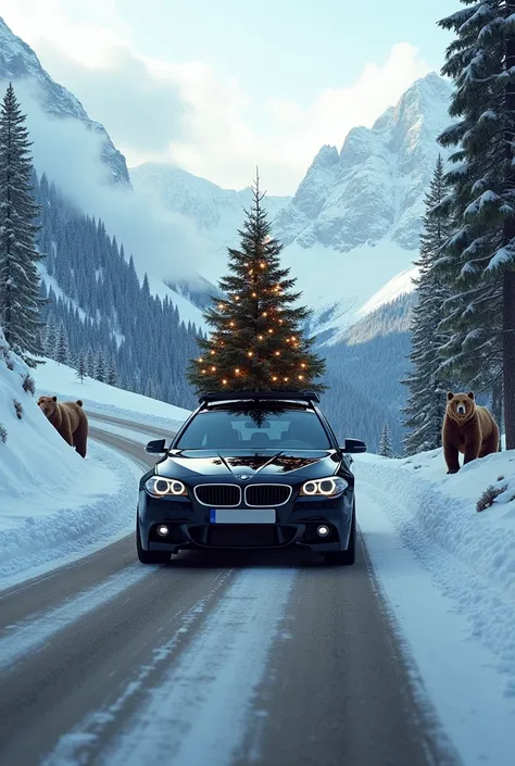 generate me a photo of a black bmw 530 f10 in a snowy mountain road with a Christmas tree on the roof and  two brown bears next to him