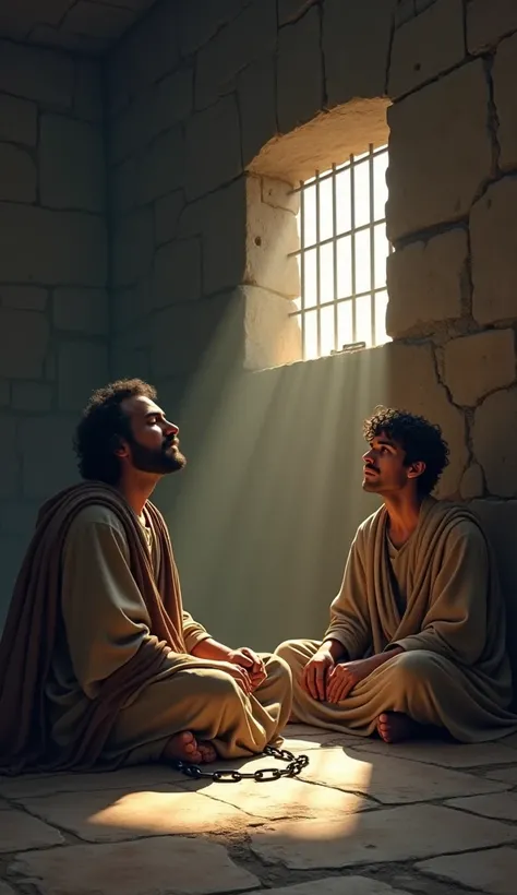 A dimly lit, ancient stone prison cell with rough, cracked walls. Two men, Paul and Silas, sit on the cold stone floor, chained by their wrists and ankles. Paul, a middle-aged man with a short dark beard and simple, earth-toned robes, sings with his eyes c...