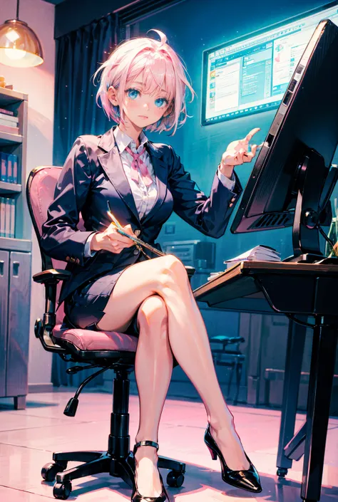 1girl,solo,(((pink short hair,blue eyes))),office lady,work,suit,sitting a chair,desk,PC,