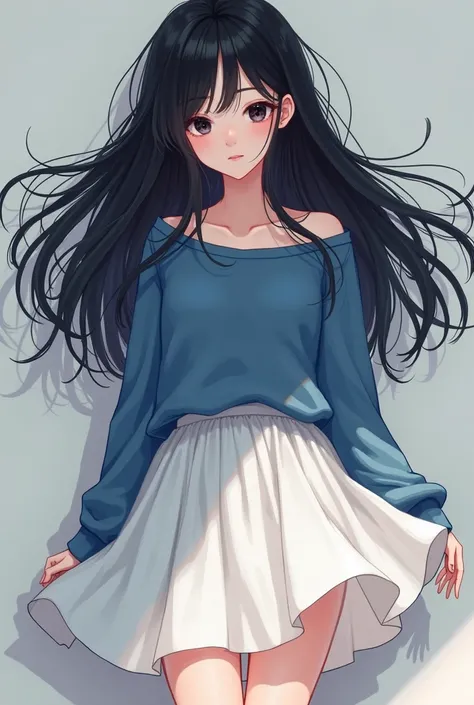 beautiful tenager girl, long hair, black eyes, wear casual blue cloth, white skirt, wear white shoe