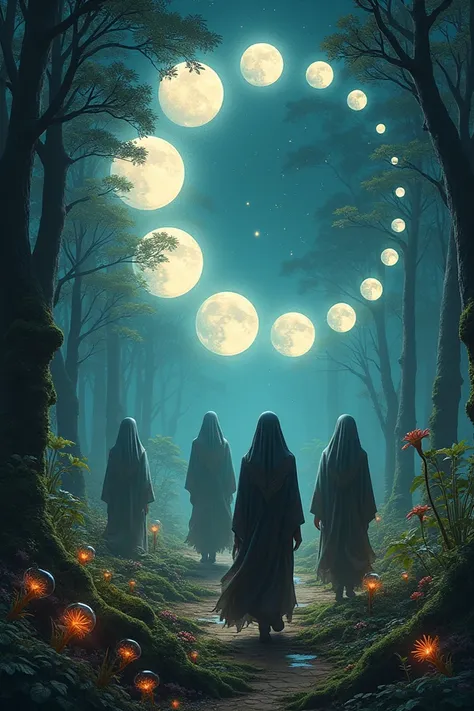 Arabian nights and 31 phases of moon in forest 