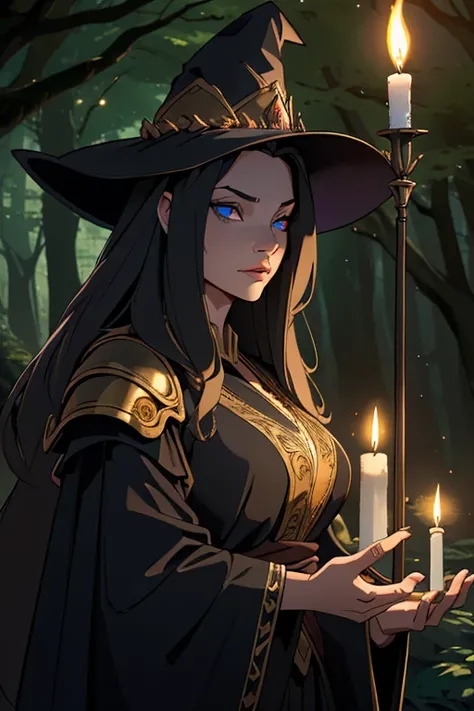 (highres,best quality:1.2),witch,armor,detailed eyes,long hair,spell casting pose,flowing robes,mysterious atmosphere,dark forest background,candlelight,golden jewelry