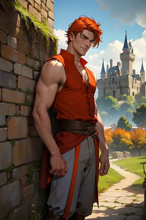 Photo-realistic. A pleased, tall, handsome, fit, 24-year-old Caucasian medieval prince, with short, fade-cut, burnt orange hair, and blue eyes, wearing a red and tan sleeveless tunic, with gray trousers, standing on a castle wall, looking out to the distan...