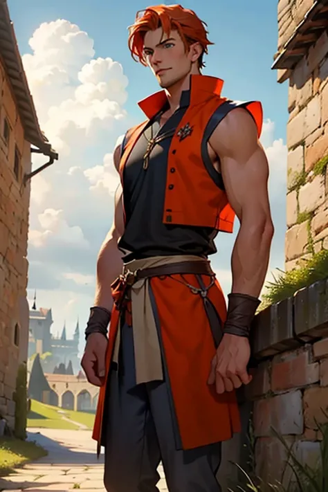 Photo-realistic. A pleased, tall, handsome, fit, 24-year-old Caucasian medieval prince, with short, fade-cut, burnt orange hair, and blue eyes, wearing a red and tan sleeveless tunic, with gray trousers, standing on a castle wall, looking out to the distan...