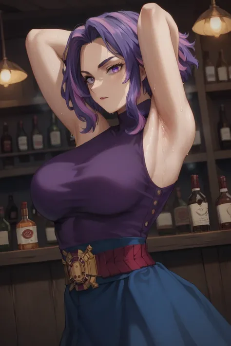 (masterpiece:1.2), (best quality:1.2), 1girl, 
Lady nagant, 1girl, short hair, purple hair, purple eyes, large breast, bare shoulders, purple sweater, sleeveless, center frills, blue skirt, sexy stance, in the bar, arms behind head, armpits, detailed armpi...