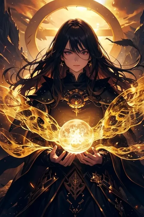 (highres,best quality:1.2),witch,armor,detailed eyes,long hair,spell casting pose,flowing robes,mysterious atmosphere,dark forest background,candlelight,golden jewelry