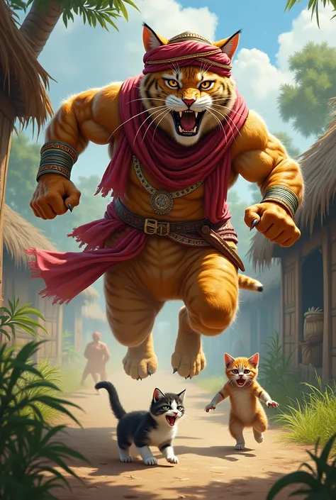 A big cat like a human look dressed in punjabi dressed coming in running position and kill a man who have captured the kittens  the scene is created in village 