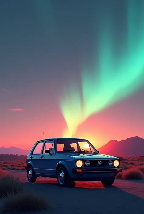 Une volwagen golf 2 voiture avec couché de soleil  avec des aurores boréales 