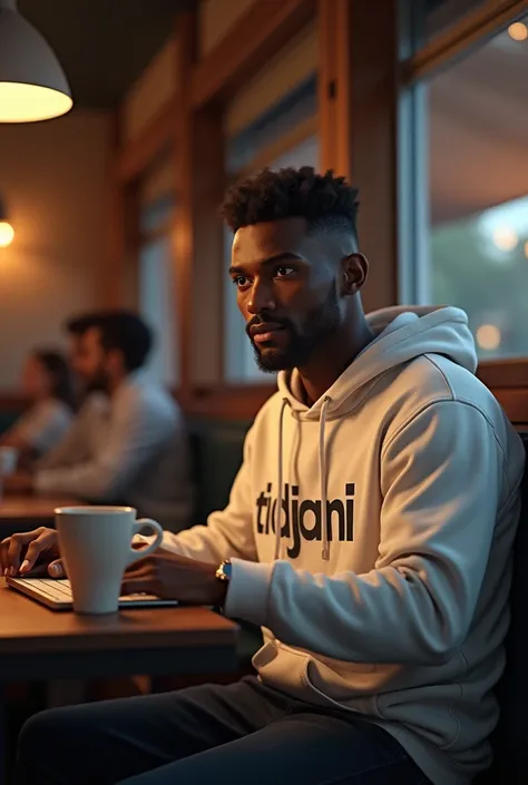 Générer une image numérisée dun homme à la couleur de peau foncé bien coiffée portant une capuche blanche ecrit tidjani à lavant. Il est assis entrain de saisir sur un ordinateur et café à côté de lui à un coin dans un restaurant. 