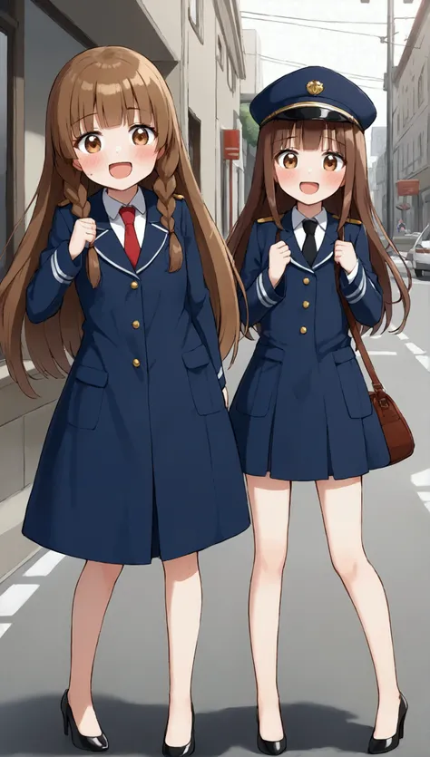 { best quality], [Very beautiful], [Ultra fine], [Best illustration], source_anime,stand,Brown Hair,hime cut,Long Hair,Braids,Excited face,Cutesy, slender, blush, zitales, squinting,Makes me sleepy ,Embarrassed,smile,Street Photography,In the city,From an ...