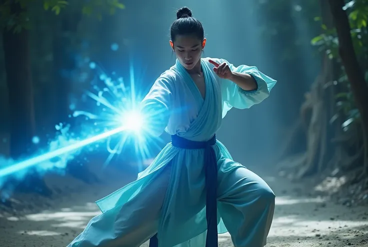 (cinematic photo), (artwork), (masterpiece), (best quality), Raw, 8K, masterpiece, photography, red Hanfu, extremely sharp focus, intricate details, a stunning young man in practicing martial art, The index finger pointed forward, the tip of the finger see...