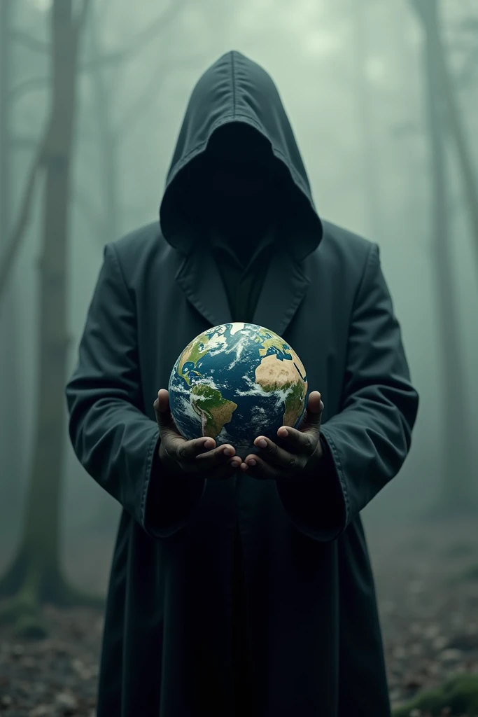 A mysterious figure wearing a coat holding the world in his hands