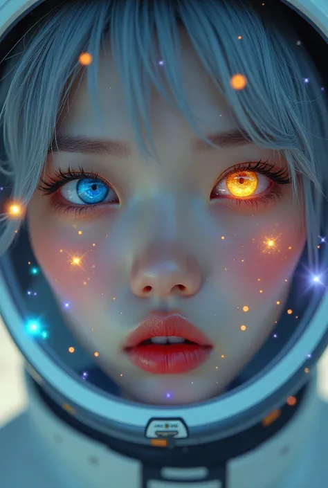 (Close-up of a better masterpiece:1.5)0.9], (Space and astronauts:1.2) (Messy silver hair:1.1) (Heterochromia xanthochromia and blue eyes:1.2) (Space Helmet:1.0) (Colored stars in the eyes:1.0) (A radiant glow:1.1) (thick lips:0.9)Korean girl