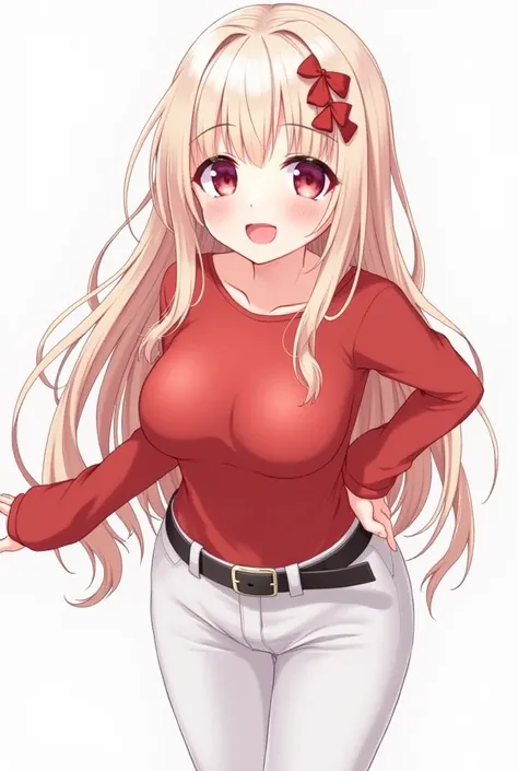 1girl, Long Hair, Solo, High Resolution, Breasts, Open Mouth, Red Eyes, High Resolution, HD, Two Side Up, Large breasts, Smile, Cowboy Shot, Hair Ornament, Ribbon, Illustration, Anime, Anime Style, red shirt, raglan sleeves, rong sleeve, white pants, belt,...