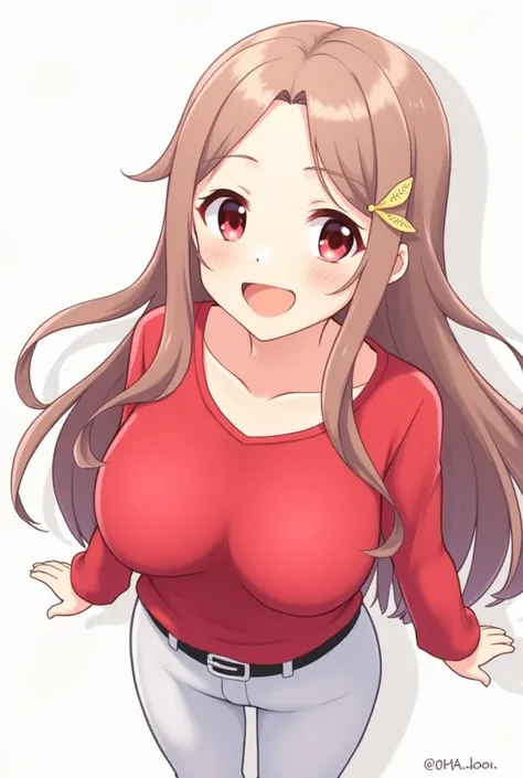 1girl, Long Hair, Solo, High Resolution, Breasts, Open Mouth, Red Eyes, High Resolution, HD, Two Side Up, Large breasts, Smile, Cowboy Shot, Hair Ornament, Ribbon, Illustration, Anime, Anime Style, red shirt, raglan sleeves, rong sleeve, white pants, belt,...