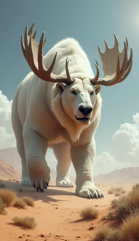  a realistic monstrous moose combined /merged with a white bear and a lion in a realistic desert