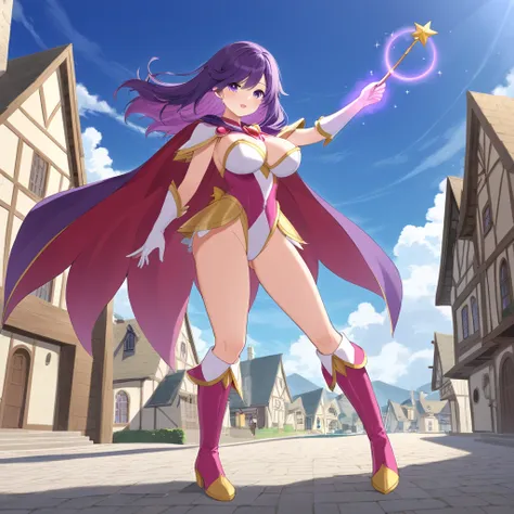 nsfw,High image quality,1 person,Purple Hair,Gold, semi-long,((intake hair)), Magical Girl,Cape,Big Breasts, leotards, long boots,Around town,Magic wand,