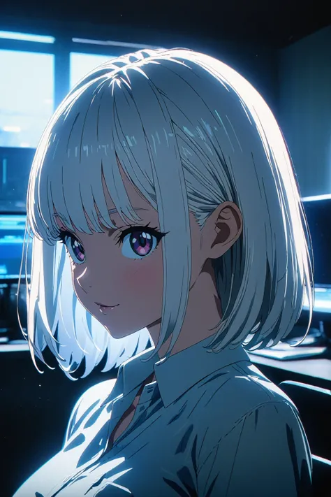 (8K, best quality:1.3),  cel anime, unreal engine, soft lighting, A gaze that captivates the viewer, portrait, (very short silver-white hair), detailed hair, straight bob hair, cute face, glowy skin, beautiful breasts, business suit, dress shirt, office,