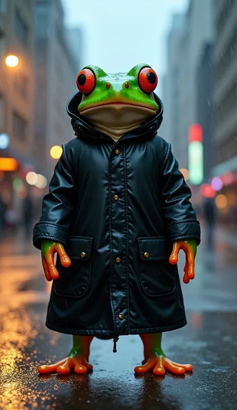 frogs
flashy colors
Bipedal walking
Im wearing a black raincoat
Facing the front
Rainy city
8K