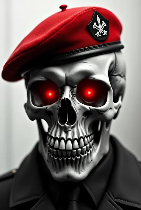 Skull with red beret of war in black and white and red eyes