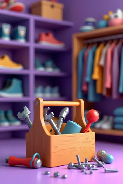 3d work toolbox,  background with Cartoon of the following Cartoon work tools as a Philips key,  Cartoon serrote, Cartoon bolts 3d Cartoon nuts purple background with closet with shelves with sneakers shoe pants 