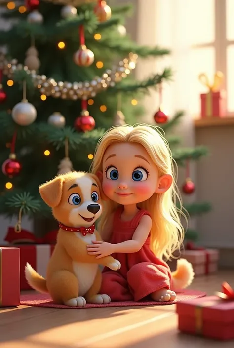 an animated or digitally created character of a young girl. She has big, expressive blue eyes, rosy cheeks, and long blonde hair styled playing with a puppy beside a decorated christmas tree