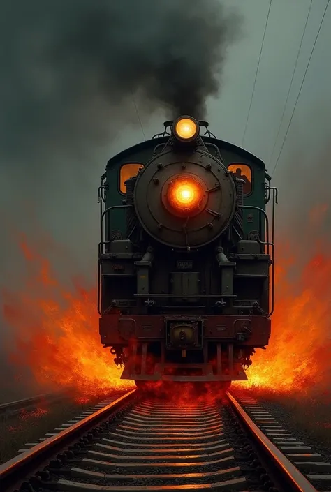 Realistic oil paintings, painted in darkness, Japanese diesel train heads, very old condition, like a ghost train, the driver is a skeleton, running on a red-hot track with fire, hot vapors and soot scattered, running at speed like going to hell, like a le...