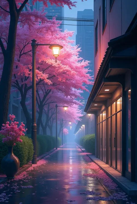 create a beautiful hallway in a city, a little pink rose in a vase on the shoulder of the road, wet look road, building with glass door right and left side, theres a pink sakura tree in the end of the road, fallen some sakura on the road, an old lamp stree...