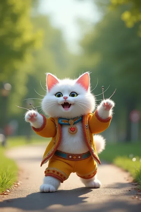 generate a high quality 3D image:A white cat wear gouging costume and doing gouging in the park path 