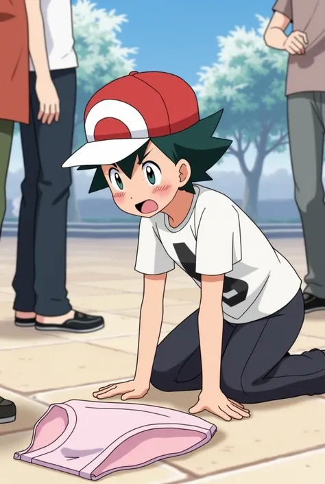 Pokemon XY series, ash, ash Ketchum, lingerie , pink , boy,  embarrassed, public,on knees, leaned forward,hands on floor,blush ,medium size body, 