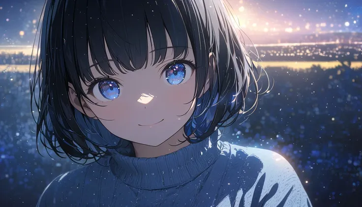 one girl, black short hair and bob hair、beautiful blue eyes、smile、gentle smile on her face、flat chest, one Beautiful girl,((masterpiece, illustration, best quality) ((ultra-detailed))、standing on a field viewing the night sky with dark clouds and stars, a ...