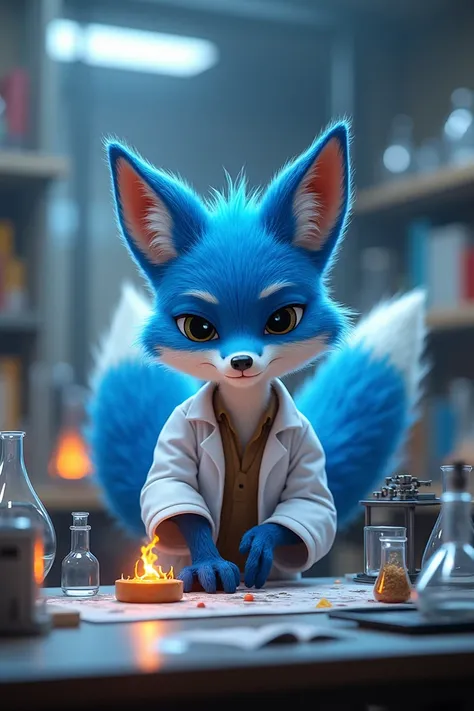 A blue fox wearing a doctors suit and doing research in a laboratory