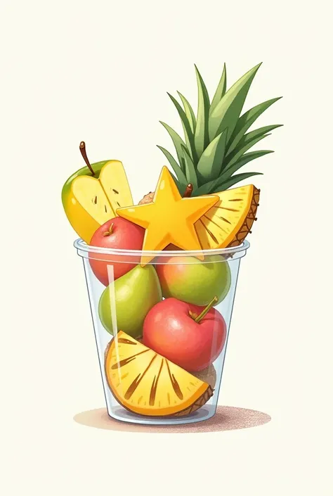 pineapple cut,mango cut,starfruit cut,apple cut,guava cut in a plastic cup draw with pencil animation