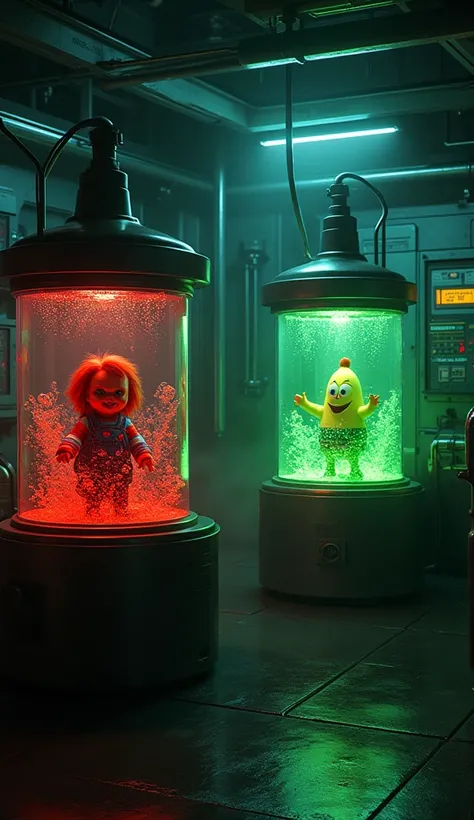 A dark, futuristic laboratory with tanks filled with glowing liquids. Chucky is submerged in one tank in a thick red fluid, while Patrick Star is in the other, surrounded by pulsing green bubbles.