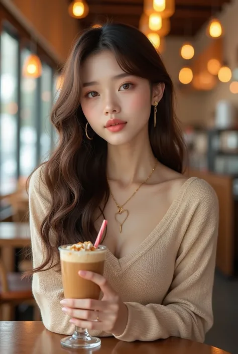 (photorealism:1.2), Korean woman, K-pop Idol, long brown wavy hair, amber eyes, wearing a thin, loose knit sweater. Downturned monolid eyes, small face, pink small heart shaped lips. Pale skin, soft lighting. She is standing at a café counter, crossing her...