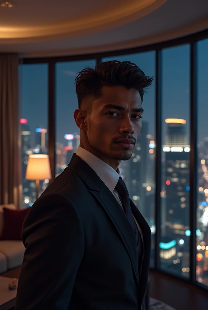 Create an image of an 18-year-old entrepreneur with well-dressed brown skin in his luxurious house at night showing the life of his city at night I want it to have a darker effect make his face a little more realistic and as if he were a little thinner tha...