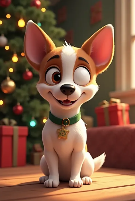  Jack Russell terrier with a totally white ear and eye, Animated Christmas 