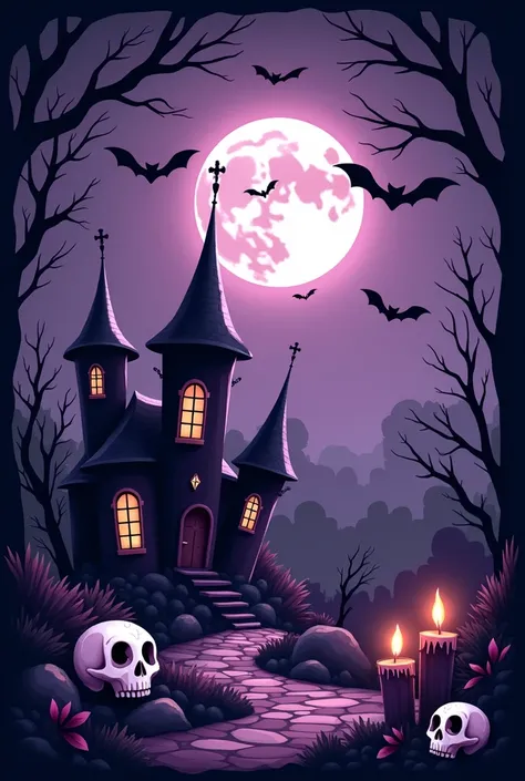 Spooky gothic style overlay featuring cute animations, with a purple and black color palette. The design includes elements like bats, candles, and other details that create a mysterious yet fun vibe. Focus on a mystical gothic aesthetic with a full moon, e...