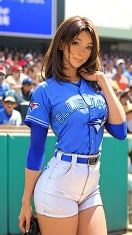 the pitcher pitches 、tall、 is leggy、 beautiful legs、there is a very beautiful woman in the toronto blue jays uniform,yokohama st...