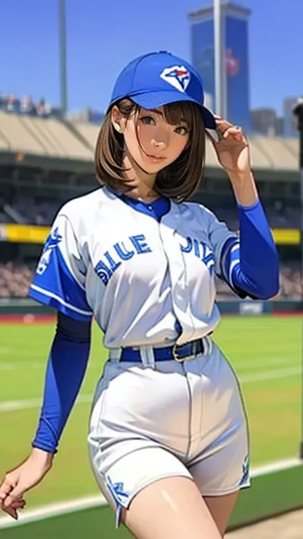 the pitcher pitches 、tall、 is leggy、 beautiful legs、there is a very beautiful woman in the toronto blue jays uniform,yokohama st...