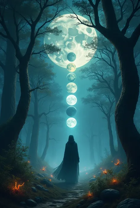 31 phases of moon in forest and arabian nights magic shadow figure 