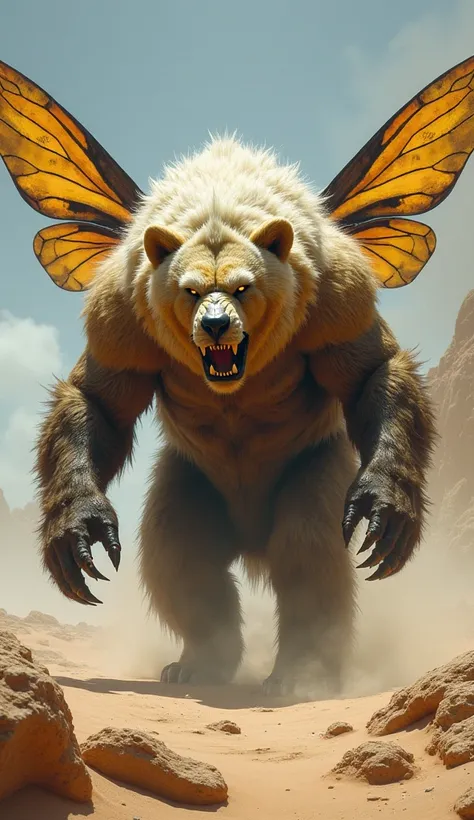  a realistic monster aggressive combined bear/fused with a white lion and a wasp in a realistic desert