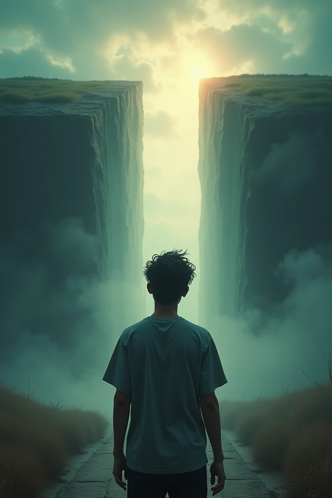 I need a realistic animated image that shows a young man who must decide between the line of freedom and the abyss