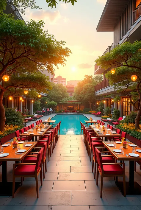 Vietnamese BBQ restaurant garden with long tables and high-quality wooden chairs around and cute bonsai pots with bright colors with sunset sunlight on the terrace next to the super beautiful blue swimming pool, enough drinking tables. Food, drinks, beer, ...