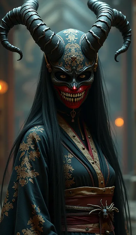  kimono、Warhammer 40000, death jester, sexy girl, mask, aggressive smile, portrait, dark eldar