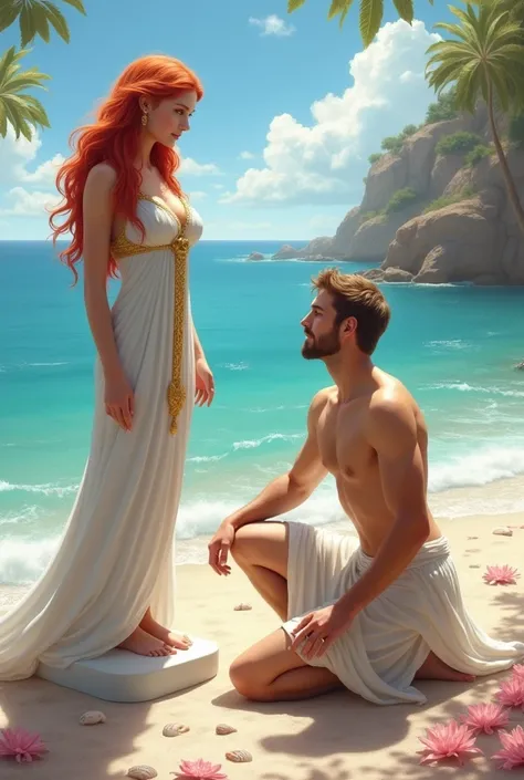 "Aphrodite, The Greek goddess of love and beauty, está na praia conversando com Pygmalion ,  the talented mortal sculptor . She is standing beside him,  her red hair flowing softly in the sea breeze ,  as she observes with interest an unfinished marble scu...