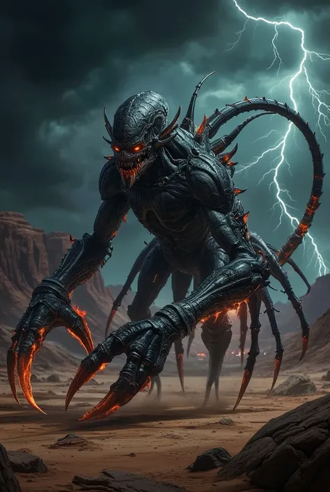 ((masterpiece)) ((photography)) ((Highest quality)) Design a kinetic UHD HDR 128K illustration of a mutant humanoid Scorpion, with chitinous armor covering his body, a long, barbed tail glowing with venom, and razor-sharp pincers instead of hands. His face...